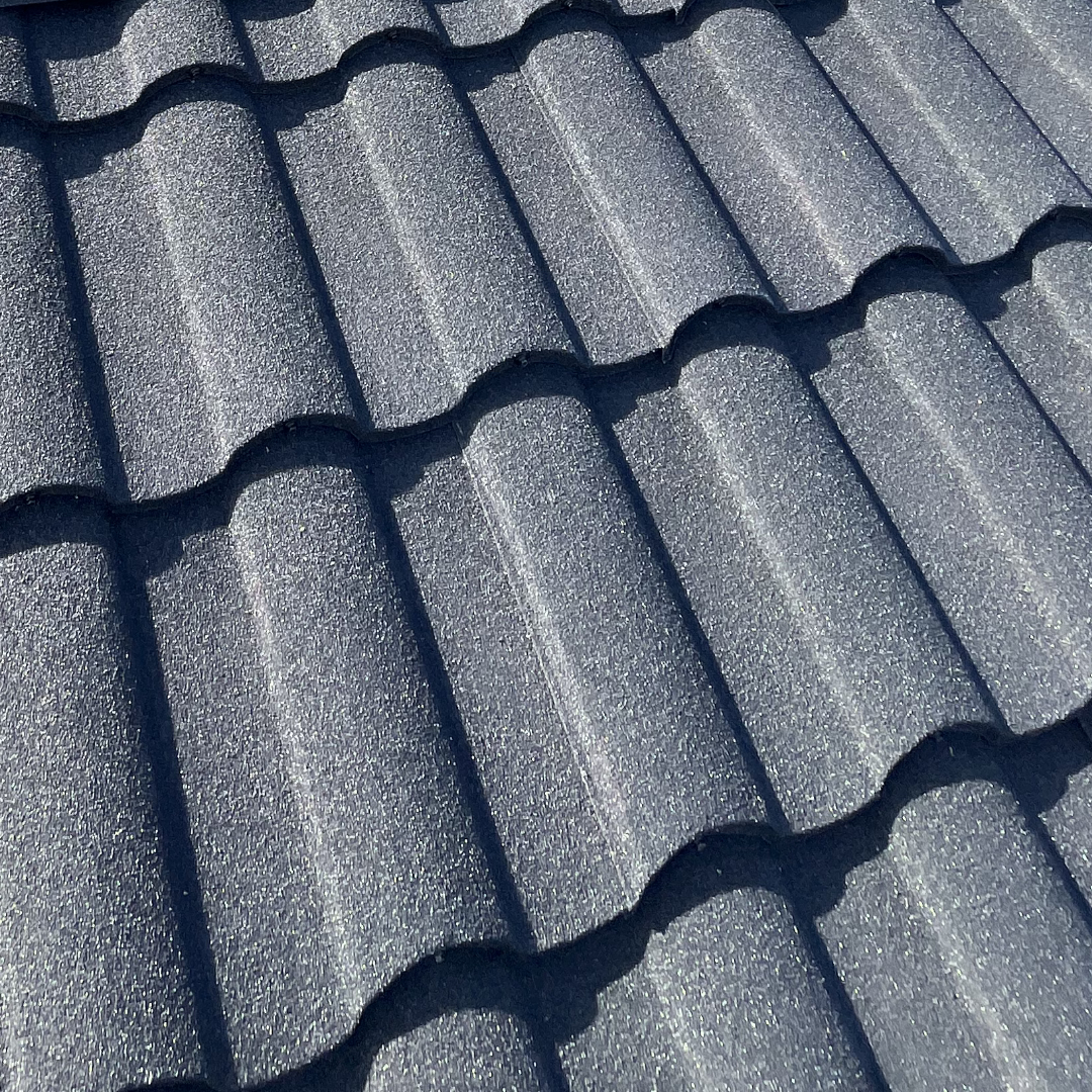 Charcoal Black Metal Tile Roof Closeup
